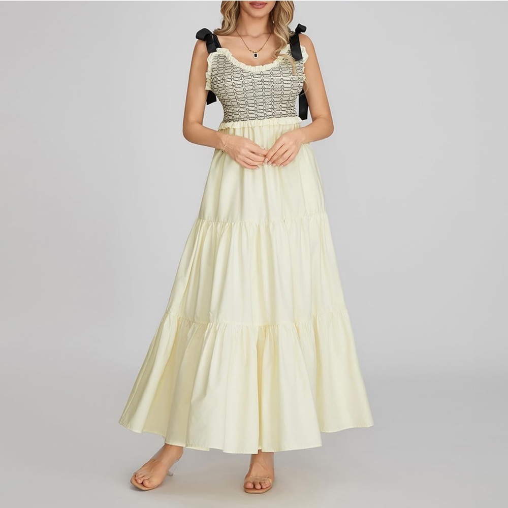 Embroidered Maxi Dress • Smocked Tie Shoulder Tiered Ruffle Dress • Ivory Black